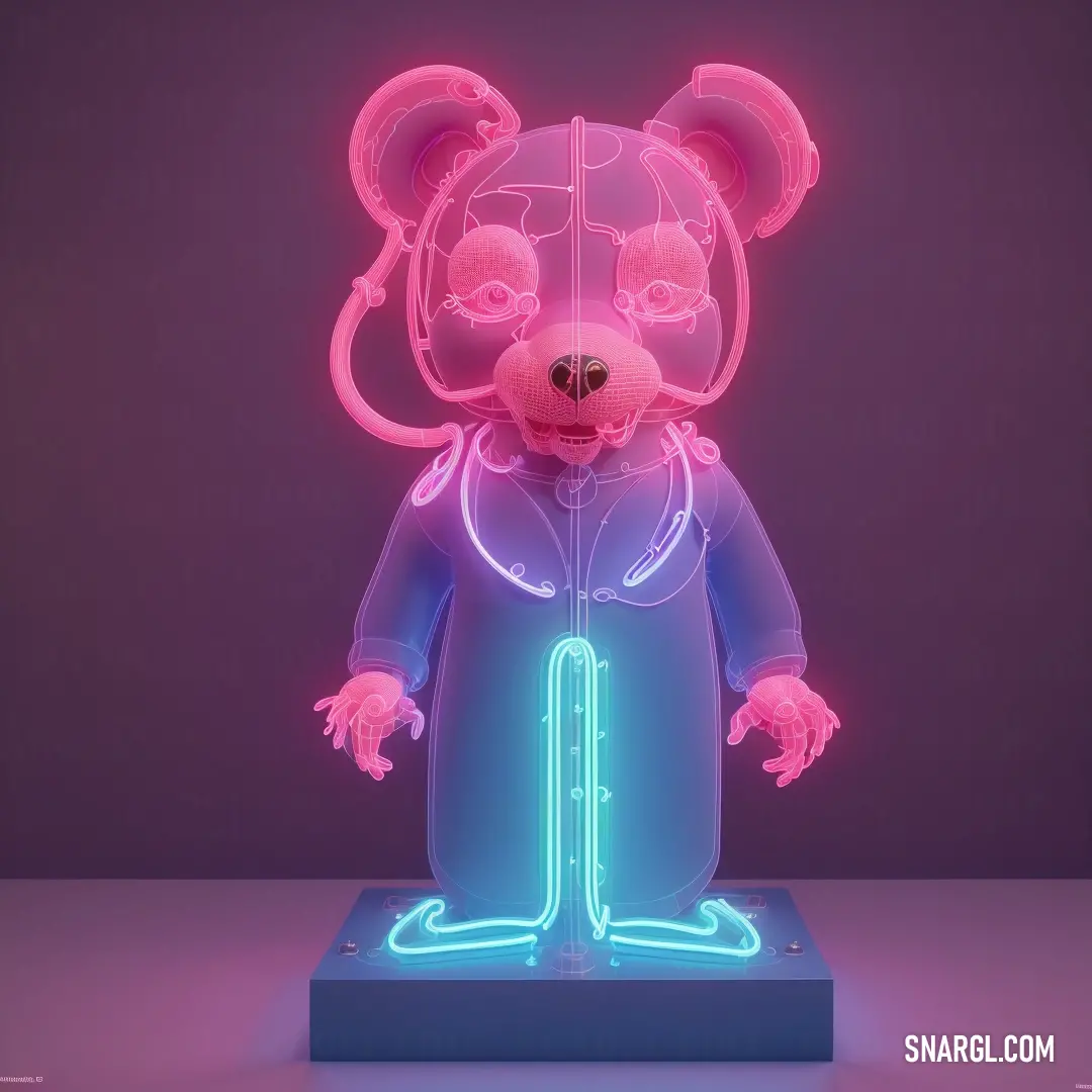 Neon lit teddy bear standing on a platform with a purple background and a pink background behind it