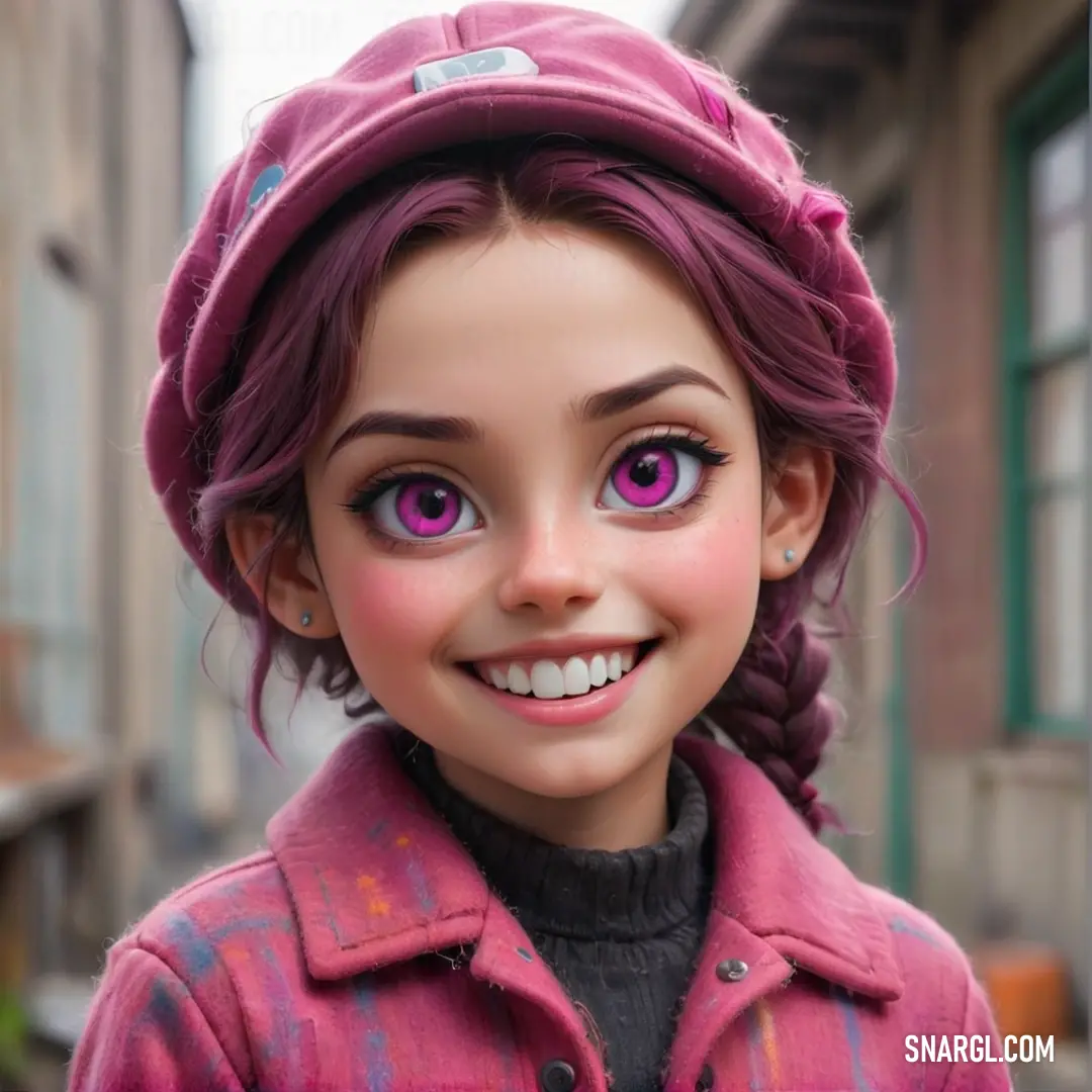 Doll with pink eyes and a pink hat on her head and a pink jacket on her shoulders and a black shirt. Example of CMYK 0,65,33,11 color.