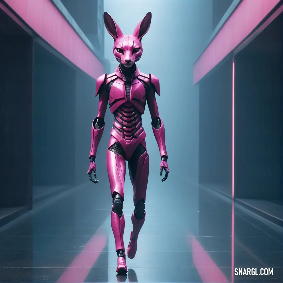 Futuristic woman in a pink suit walking down a hallway with a pink light behind her. Color #E25098.