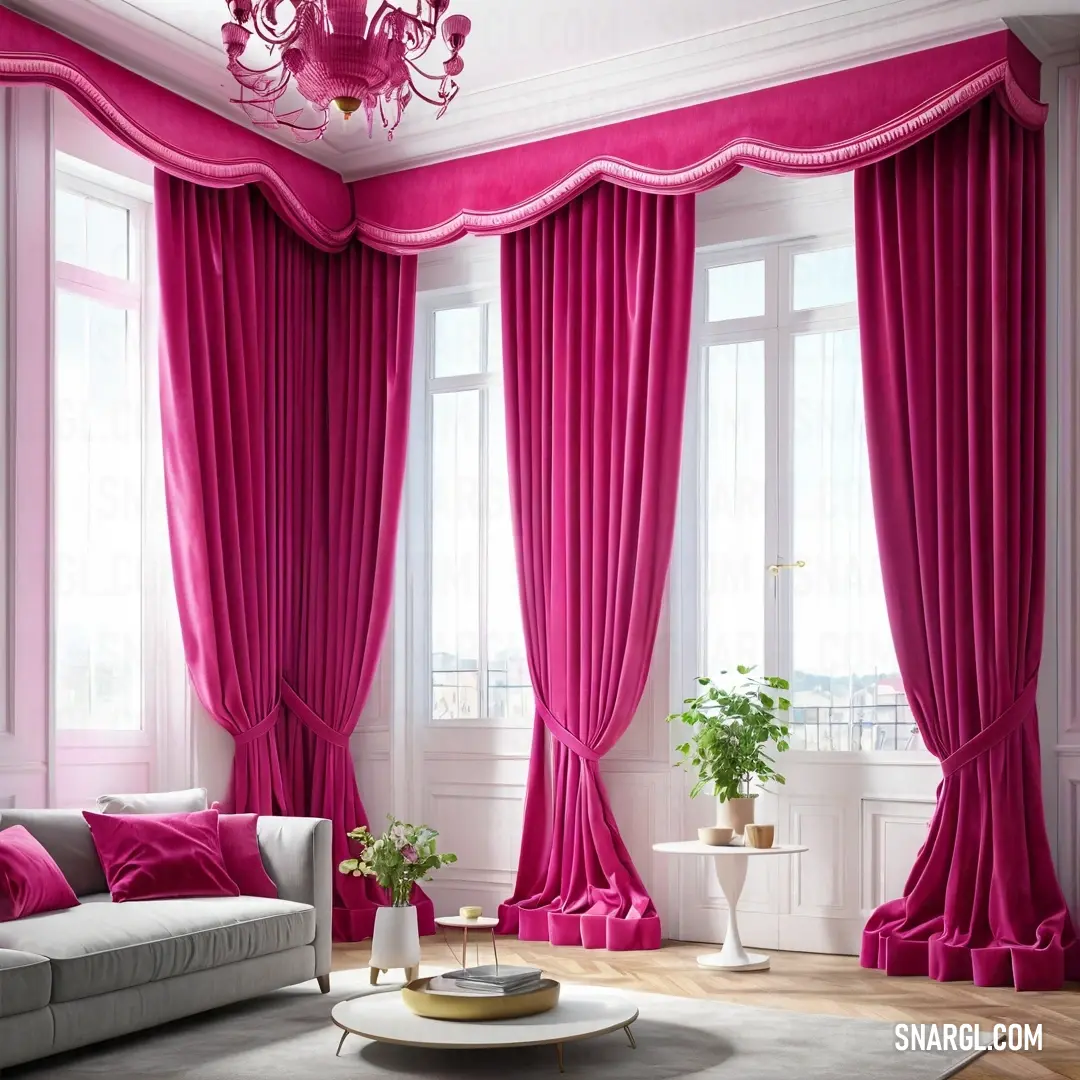 Raspberry pink color. Living room with a couch, coffee table and a chandelier in it's centerpiece