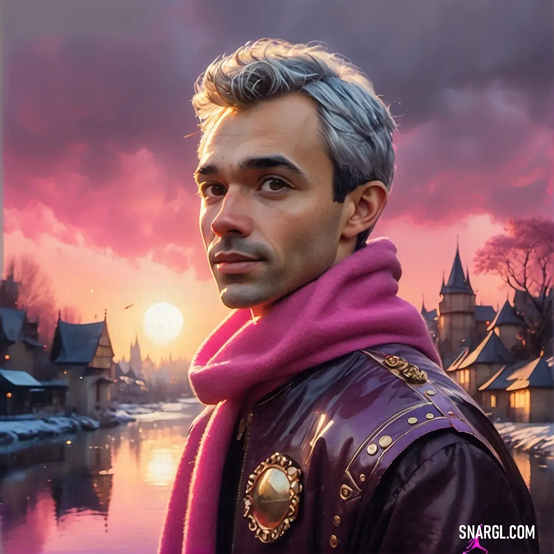 Man in a purple scarf and a pink scarf on his neck and a castle in the background. Color #E25098.