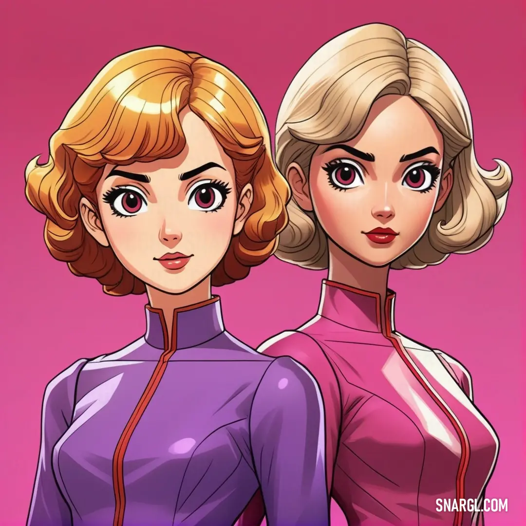 Two women in purple outfits with blonde hair and big eyes, one with a pink background. Example of CMYK 0,65,33,11 color.