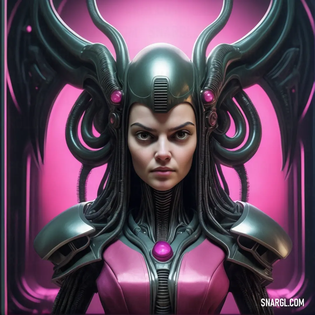 Woman with a helmet and wings on her head and a pink background. Example of RGB 226,80,152 color.