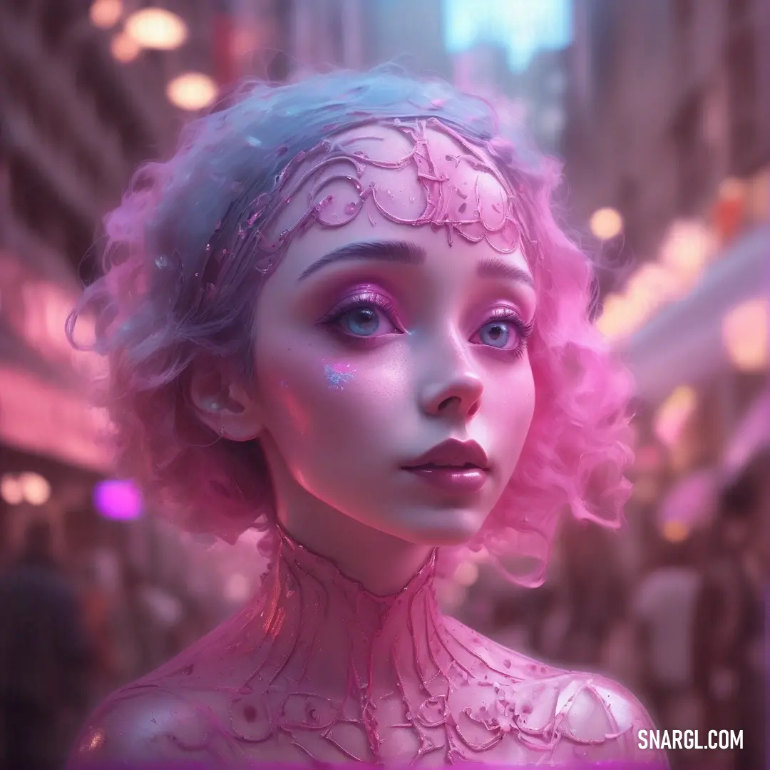 Raspberry pink color. Woman with pink hair and a pink dress on a city street at night with a neon light on her face