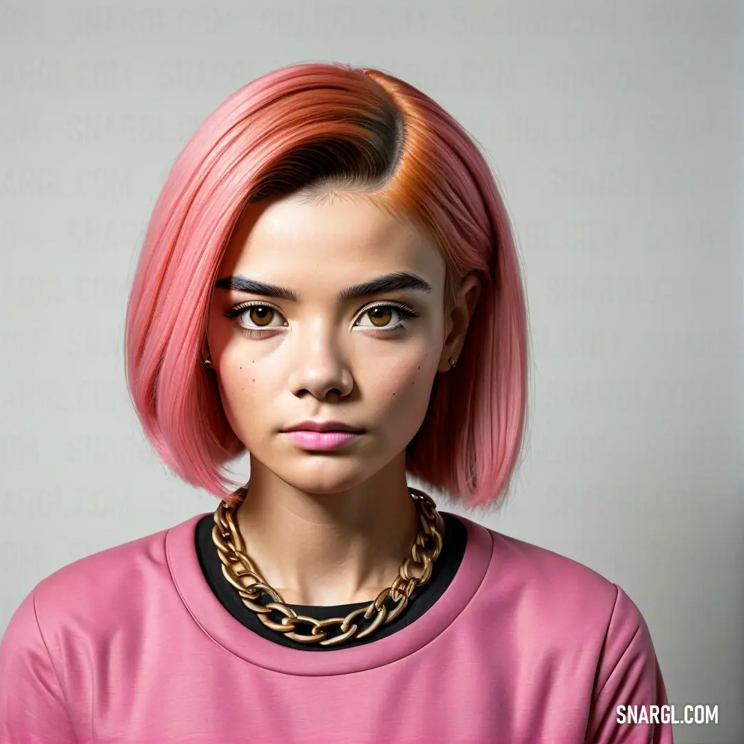 Woman with pink hair and a necklace on her neck and a pink shirt on her chest and a gold chain around her neck