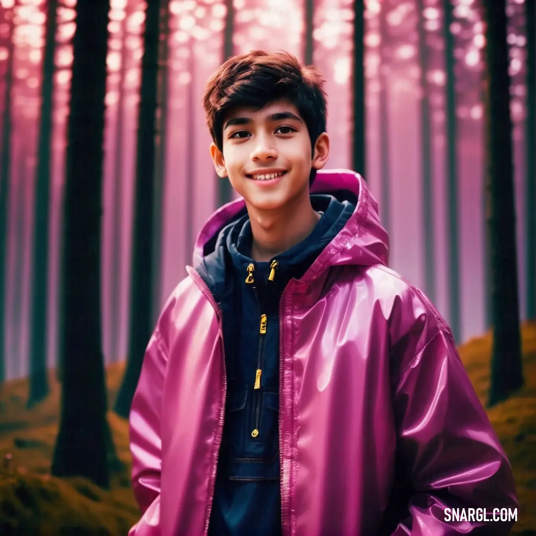 Young boy in a purple raincoat standing in front of a forest with trees and grass in the background. Example of #E25098 color.