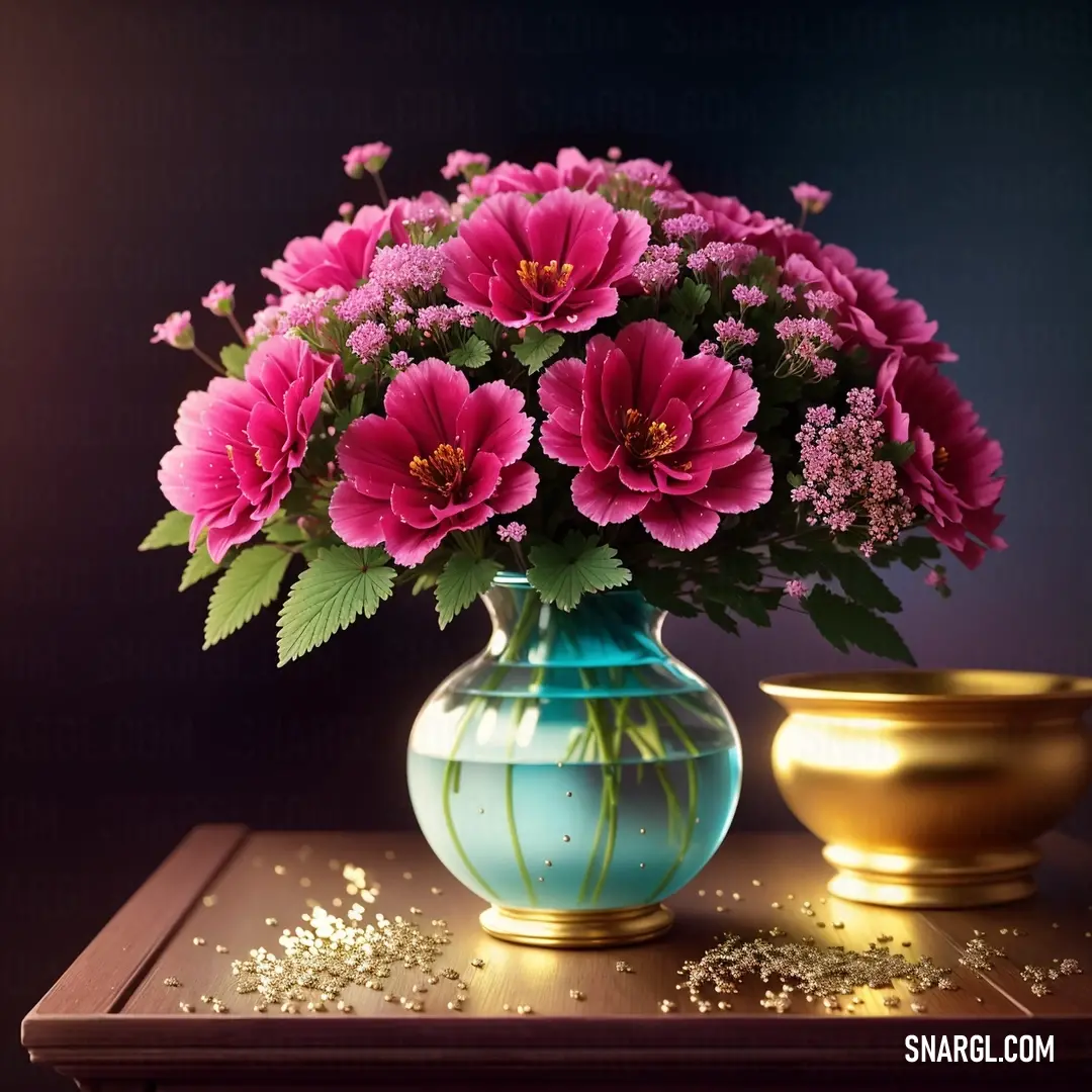 Vase of flowers on a table next to a bowl of gold flakes