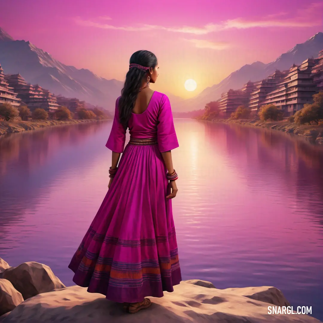Woman in a long dress looking out over a lake at the sunset with mountains in the background. Color Raspberry pink.