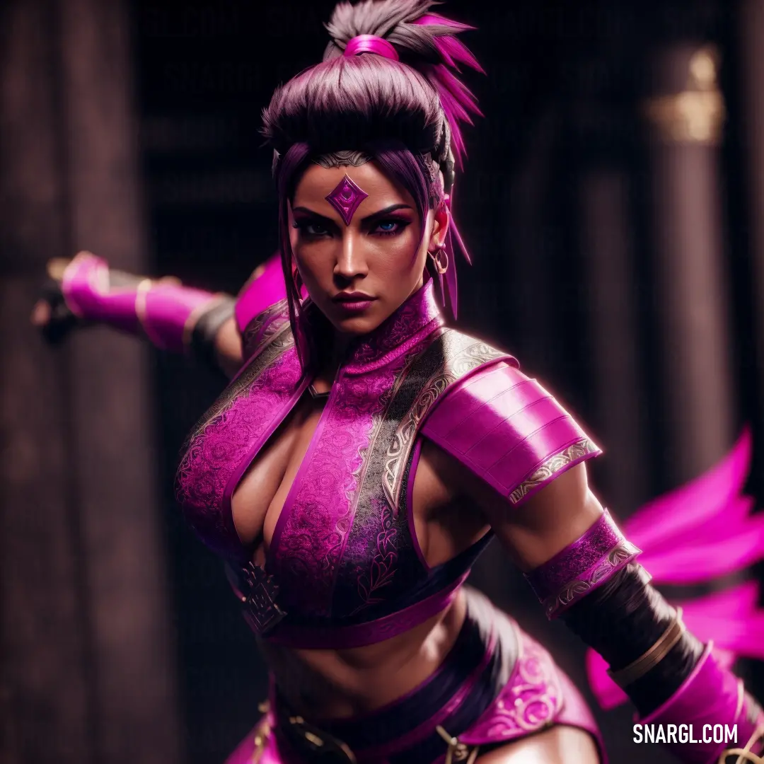 Woman in a purple outfit holding a sword in her hand and a pink outfit on her chest and arm