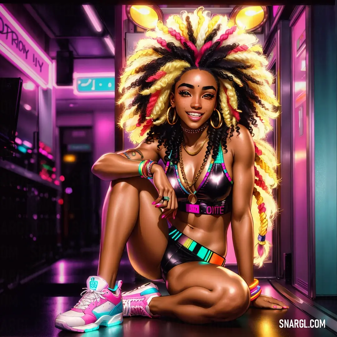 Woman with a colorful hair on the floor in a hallway with neon lights on the walls