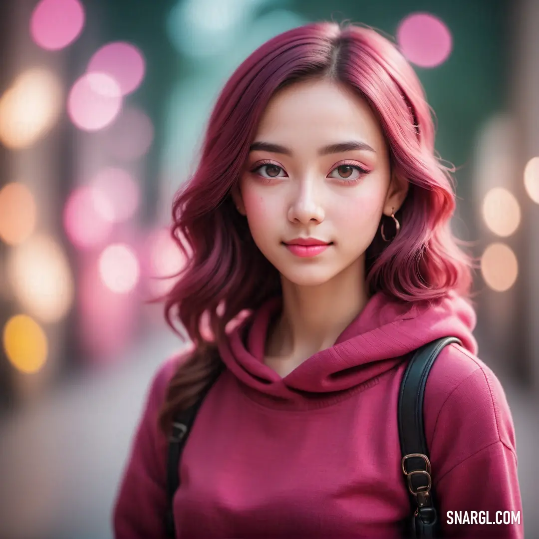 Woman with pink hair and a pink hoodie is standing in front of a street with lights in the background. Color Raspberry pink.