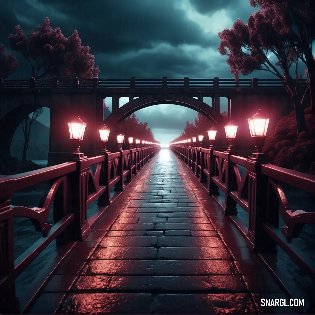Bridge with a red light at the end of it and a dark sky in the background with clouds. Example of RGB 179,68,108 color.