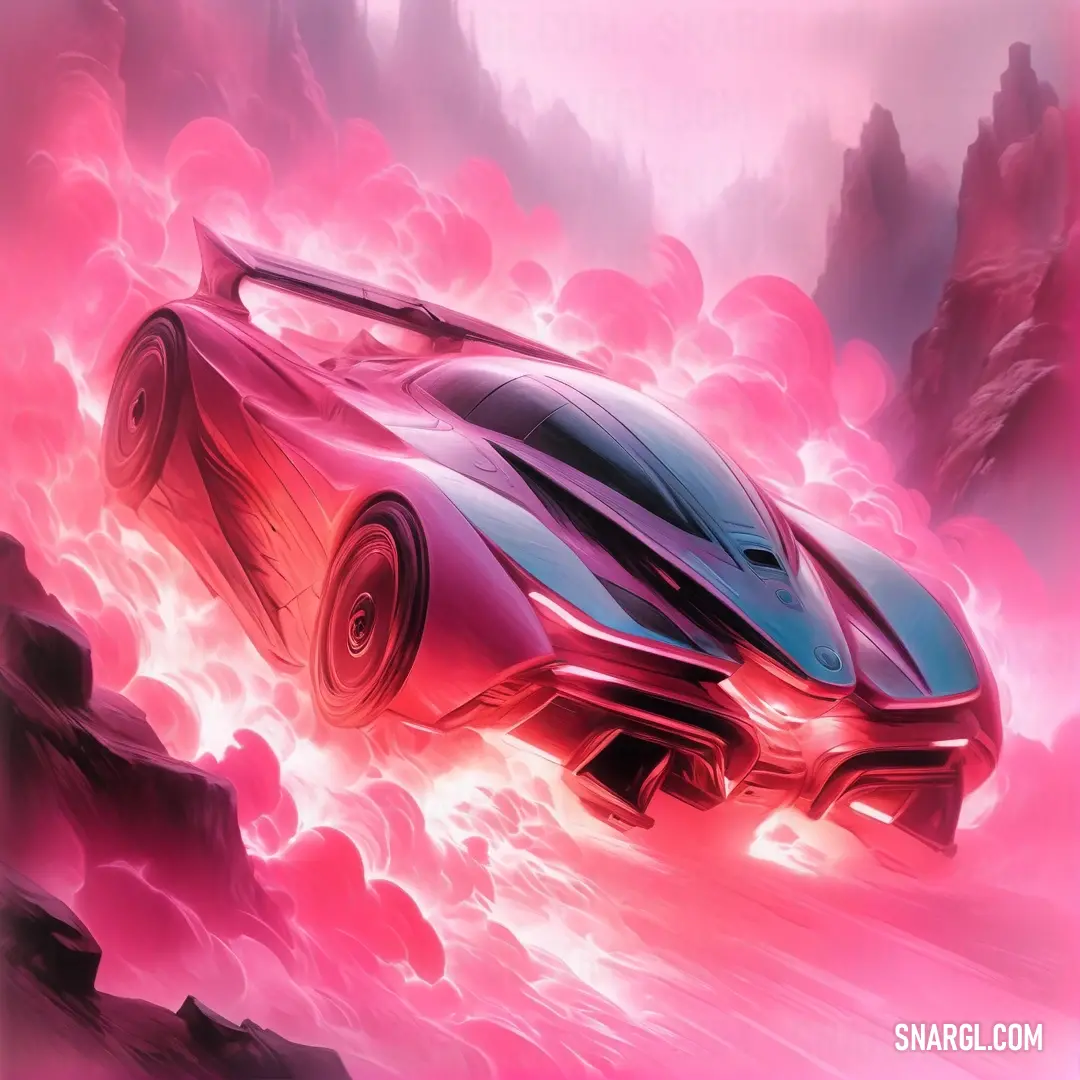 Car is flying through the air with pink clouds behind it and a mountain in the background with rocks. Example of RGB 179,68,108 color.