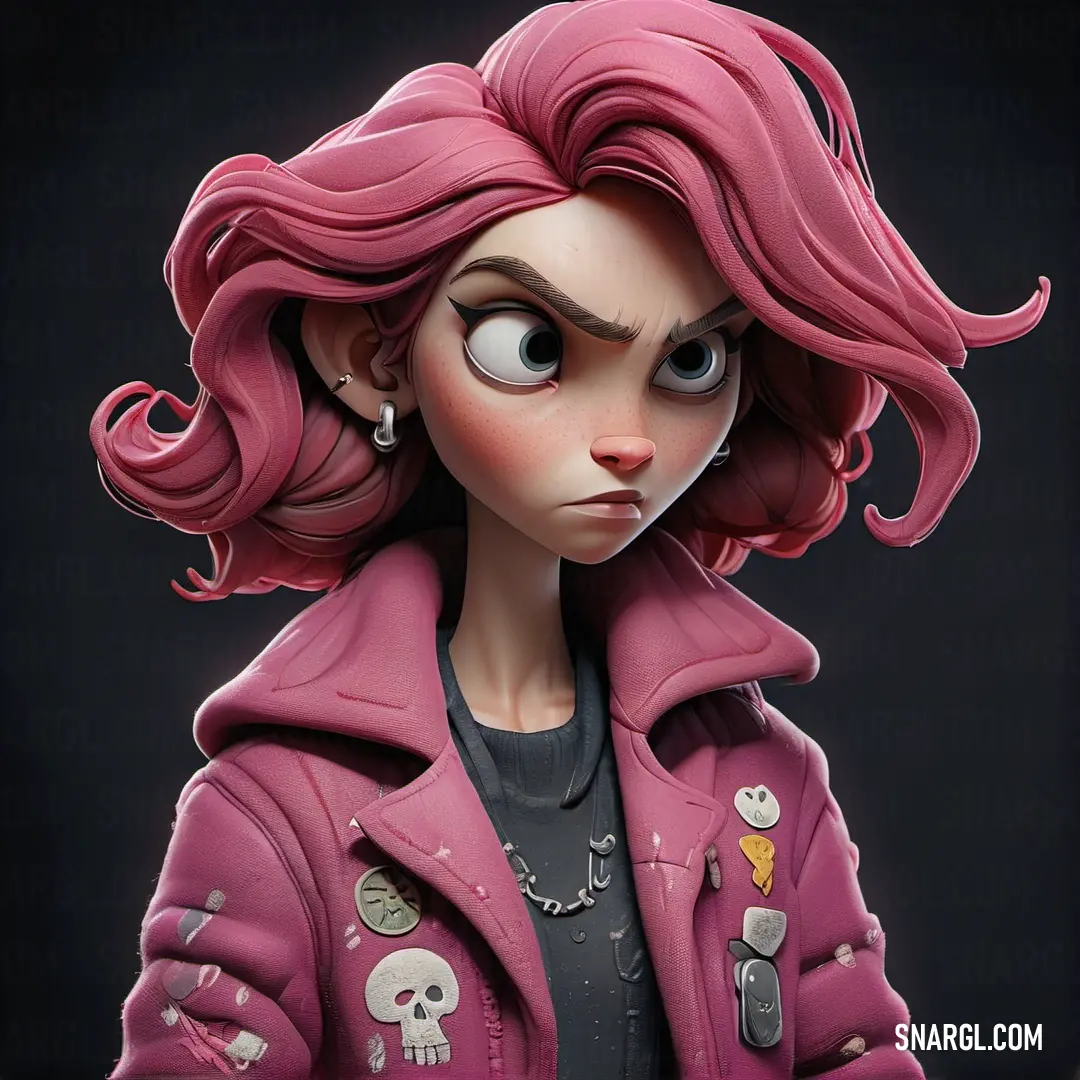 Cartoon character with pink hair and a skull on her chest and a pink jacket on her shoulders