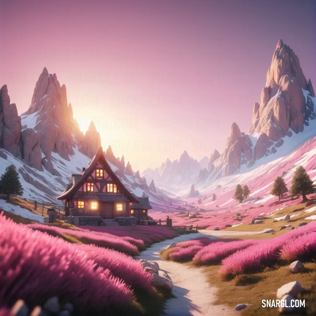 House in a field of lavender flowers with mountains in the background at sunset or dawn with a path leading to it