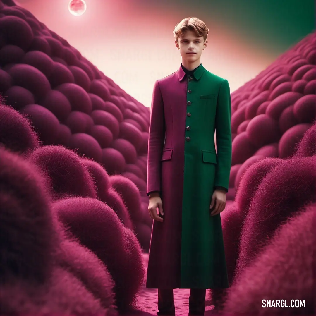 Man in a green coat standing in a field of pink balls. Color RGB 179,68,108.