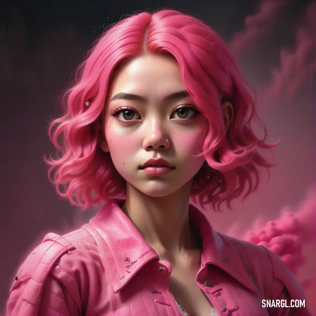 Painting of a woman with pink hair and a pink shirt on, with clouds in the background. Example of #B3446C color.