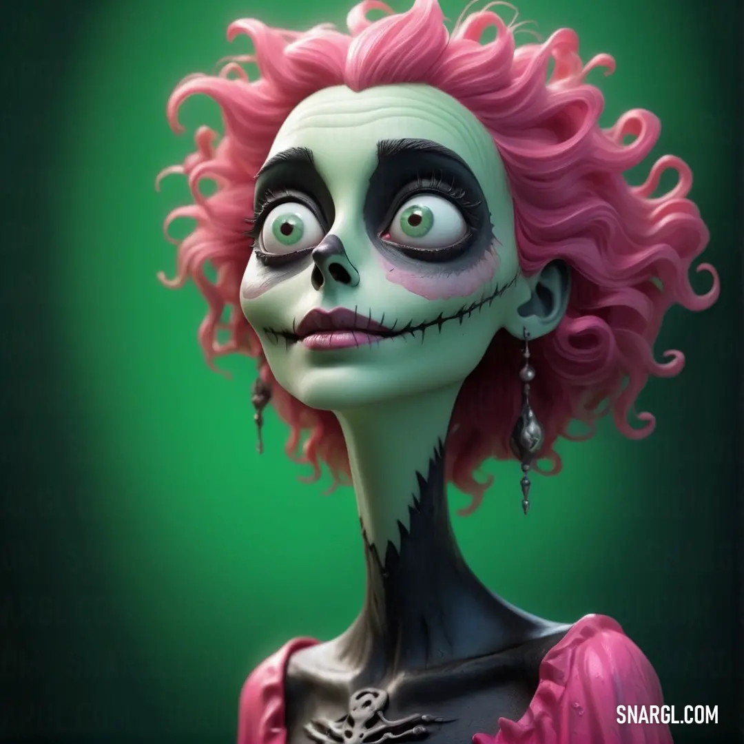 Cartoon character with pink hair and makeup on a green background. Example of RGB 179,68,108 color.