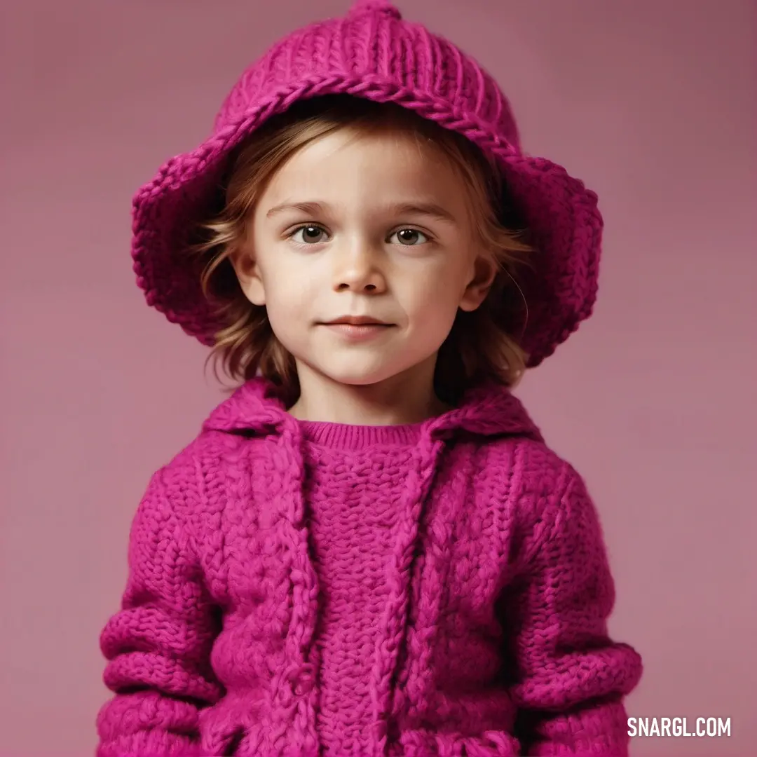 Little girl wearing a pink sweater and a hat with a hood on her head. Example of RGB 179,68,108 color.