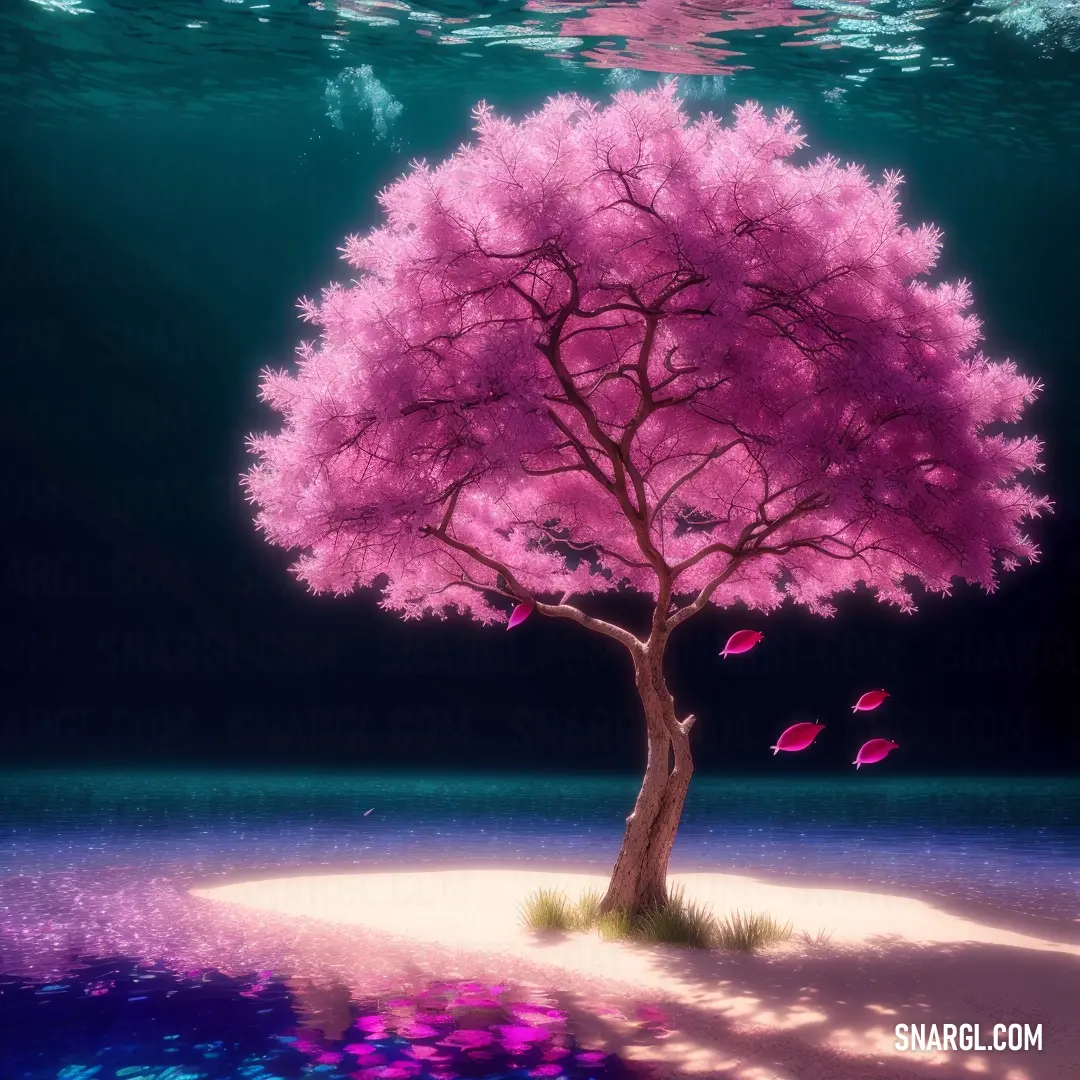 Tree with pink leaves in a blue ocean with pink flowers