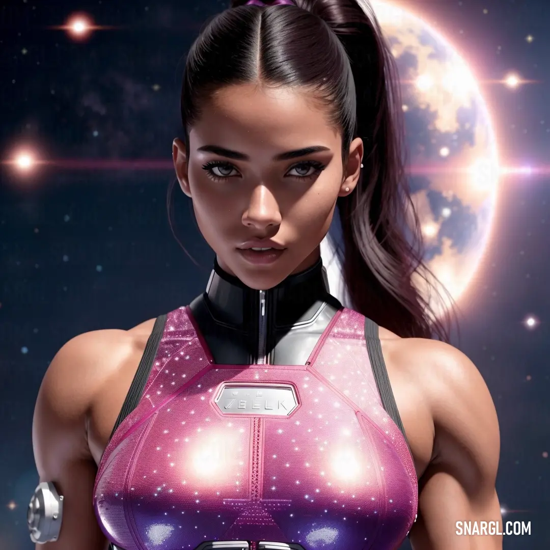 Woman with a ponytail and a pink top is standing in front of a moon and stars background with a pink