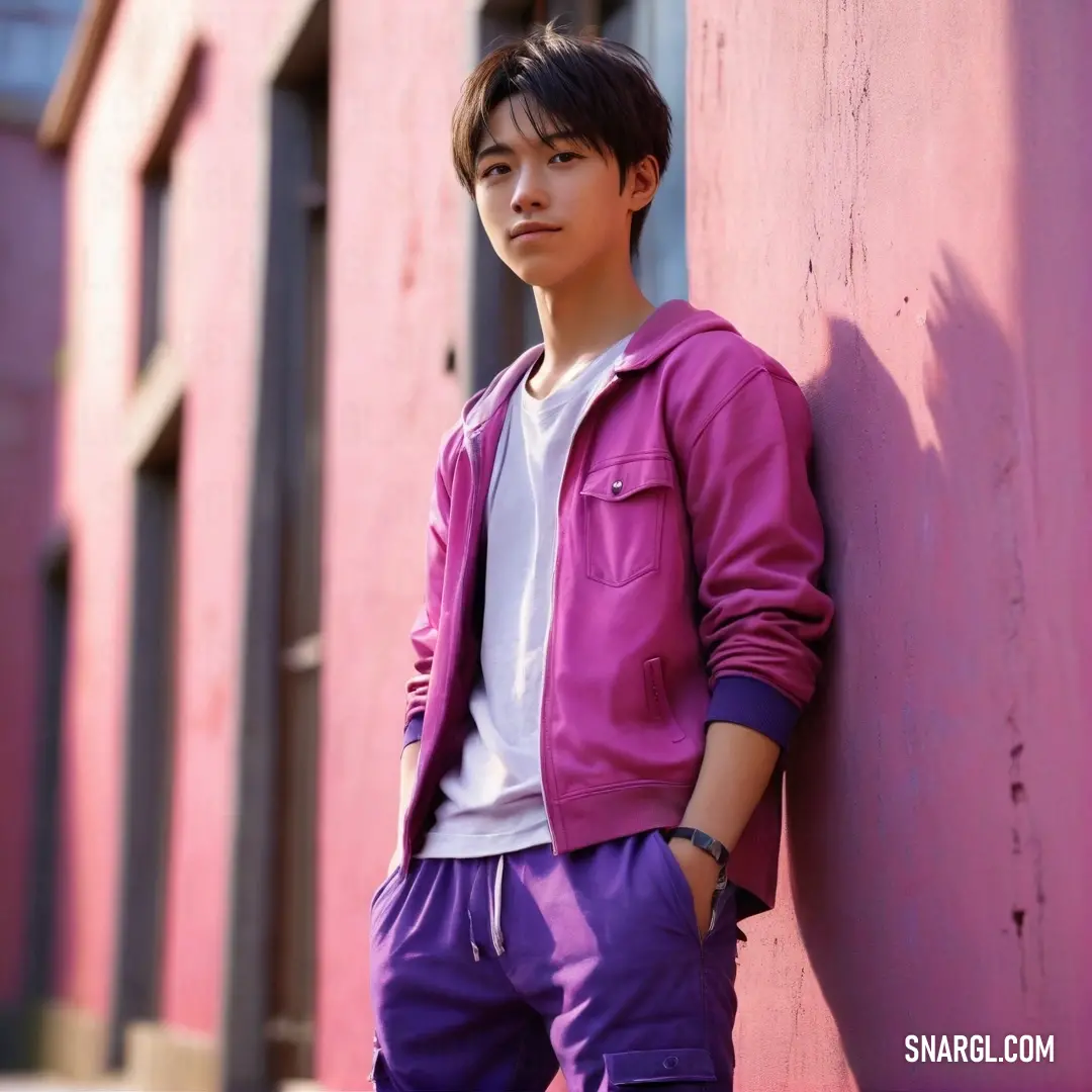 Young man leaning against a pink wall wearing purple sweatpants and a purple jacket with a white shirt. Example of #B3446C color.
