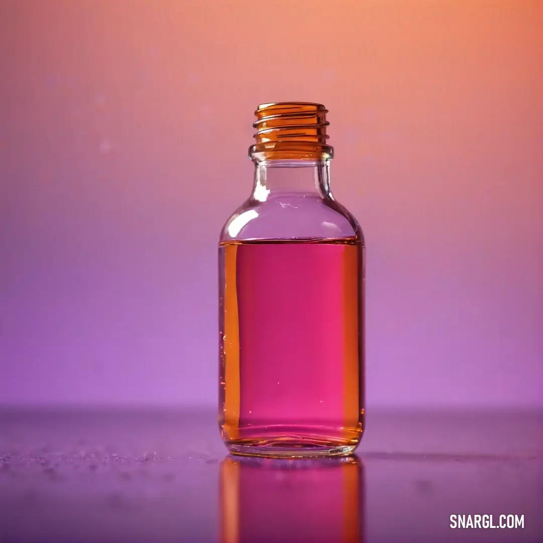 A striking bottle of pink liquid reflects light on a sleek table, complemented by a soft purple background, creating a refreshing and vibrant atmosphere perfect for beverages or cosmetics.