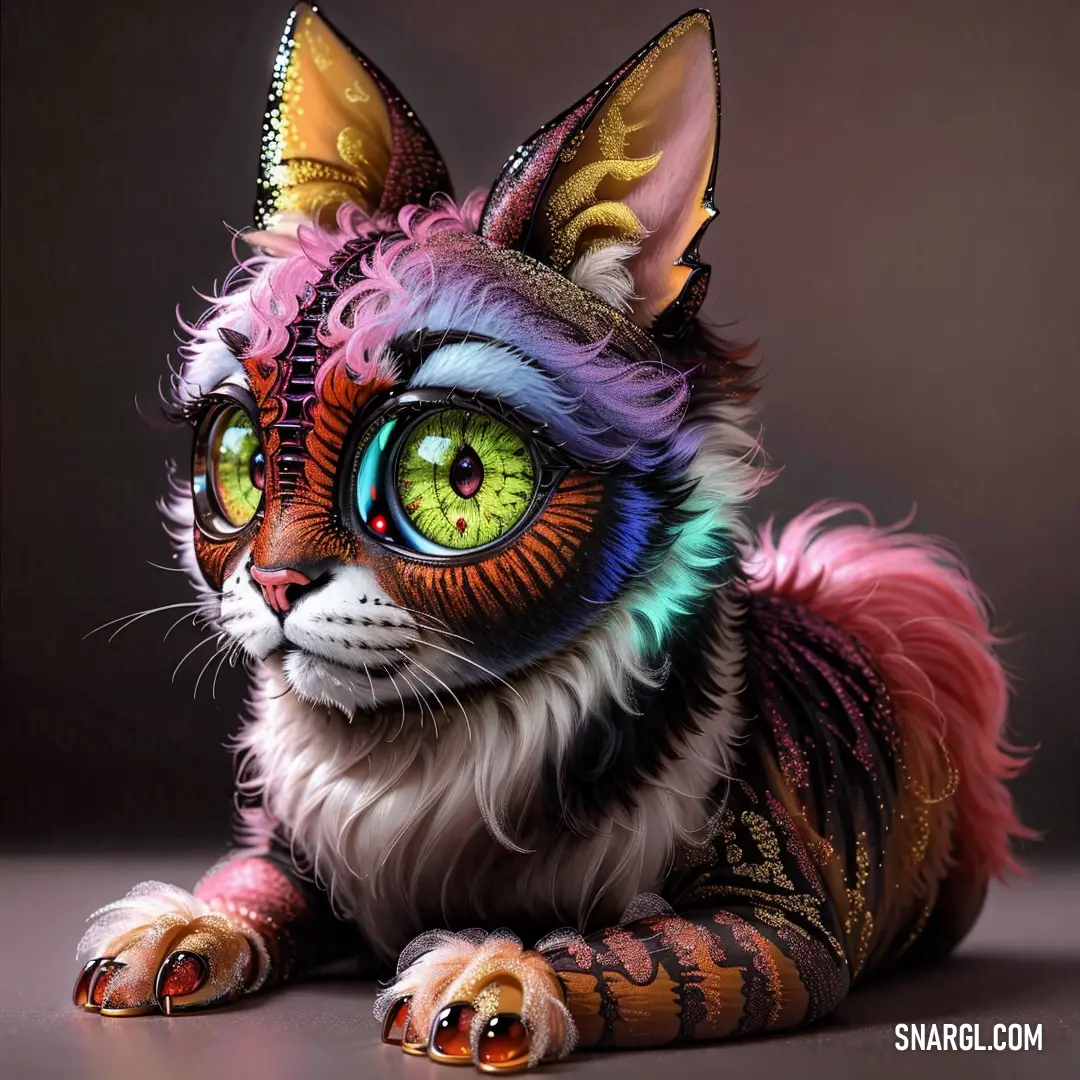 A quirky cat with a colorful face and mischievous expression sits on a table. Its vibrant, eccentric colors are highlighted by the bold #E30B5D shade, adding to its unique charm and playful nature.