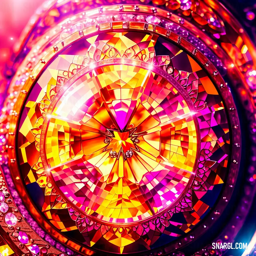 Colorful circular object with a lot of sparkles on it's surface and a circular design on the center