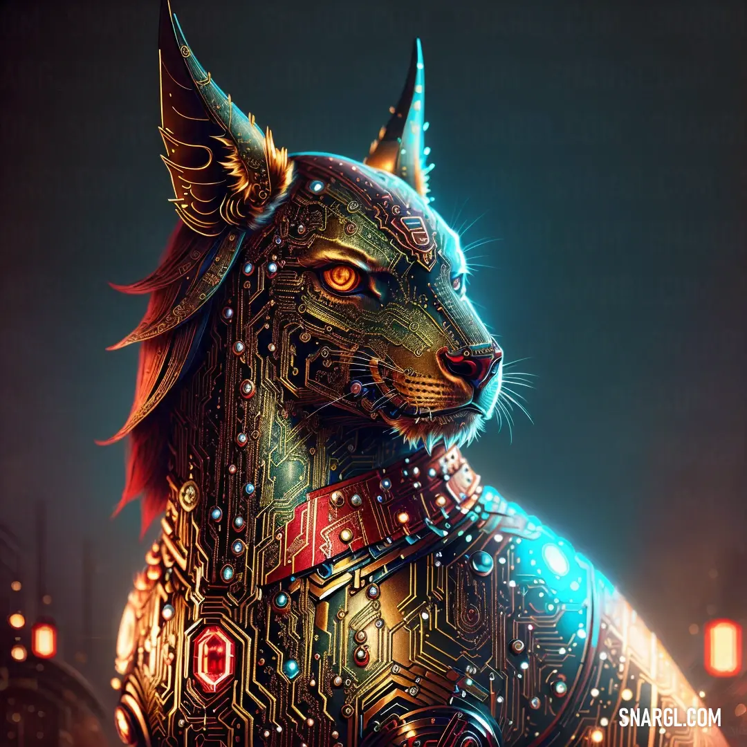 A playful digital painting of a cat dressed in a costume with a futuristic circuit board pattern, standing out in a vibrant #E30B5D shade. The character’s detailed costume adds personality and charm.