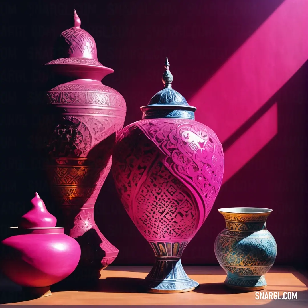 An elegant display of assorted vases on a beautifully arranged tabletop, complemented by a pink wall that serves as a vibrant backdrop. Each vase boasts unique designs, enhancing the room's aesthetic appeal.