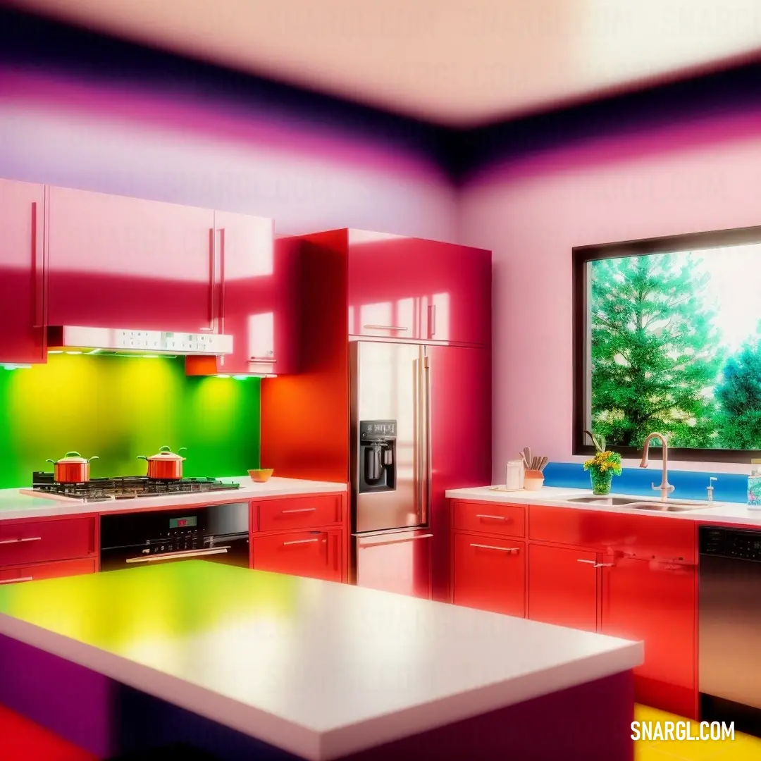 Modern kitchen with colorful countertops and cabinets, showcasing a large window that lets in natural light. The refrigerator and stove complete the space, with accents of raspberry color adding vibrancy to the design.