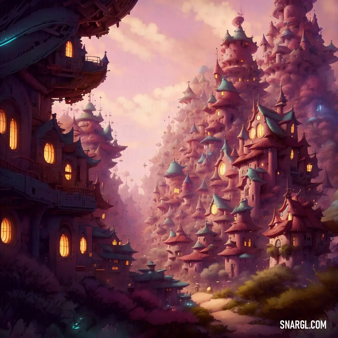 A magical painting of a fantasy castle, complete with glowing lights on its towers and surrounding trees. The vivid raspberry color brings this imaginative scene to life, capturing the essence of a dreamlike world.