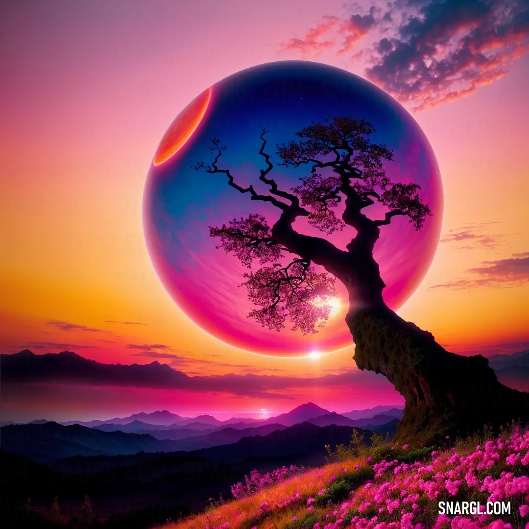 Painting of a tree with a moon in the background and a pink sky with clouds and a pink and purple sunset