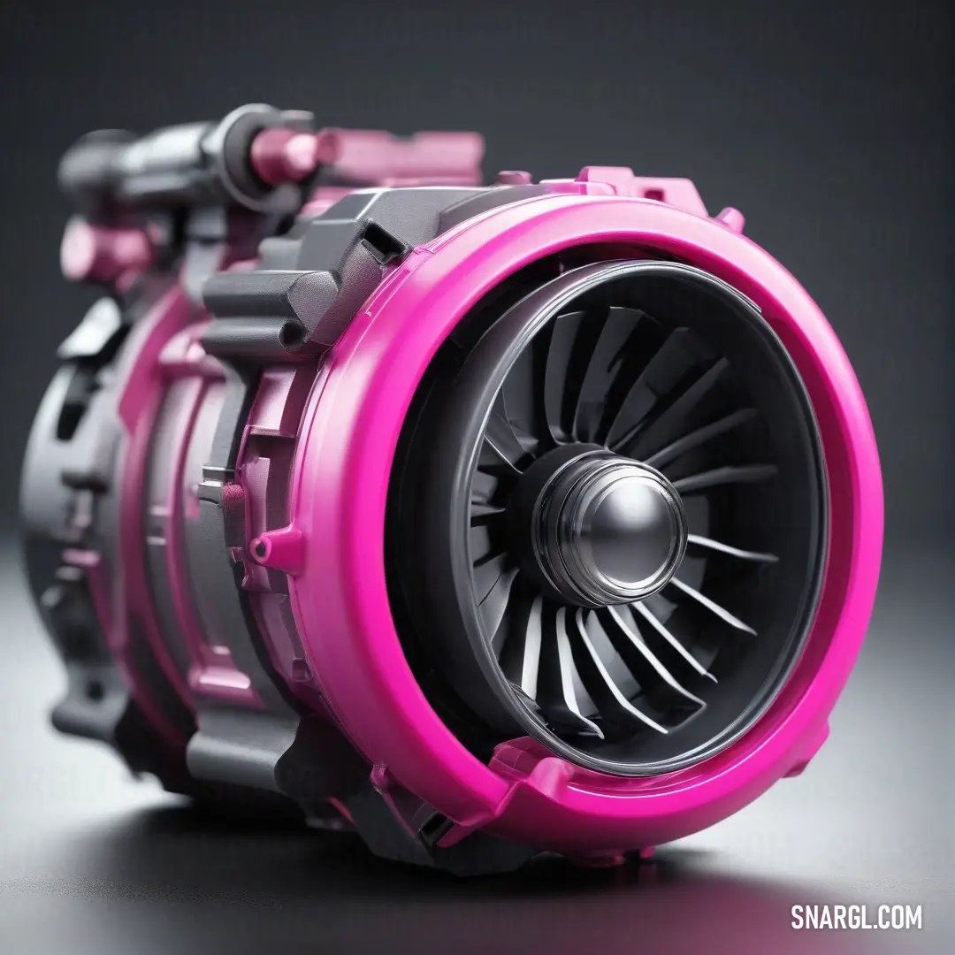 A powerful pink and black jet engine rests on a textured gray surface, exhibiting intricate engineering while showcasing a vivid color contrast that demands attention.