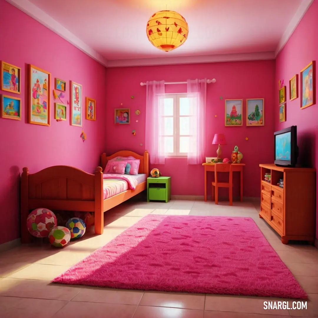 Pink bedroom with a pink rug and a pink bed and dresser. Color CMYK 0,95,59,11.