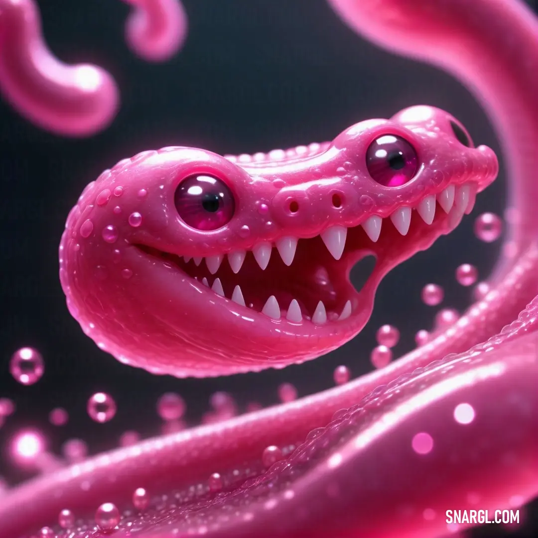 Pink creature with a big smile on its face and mouth with bubbles around it and a black background. Color Raspberry.