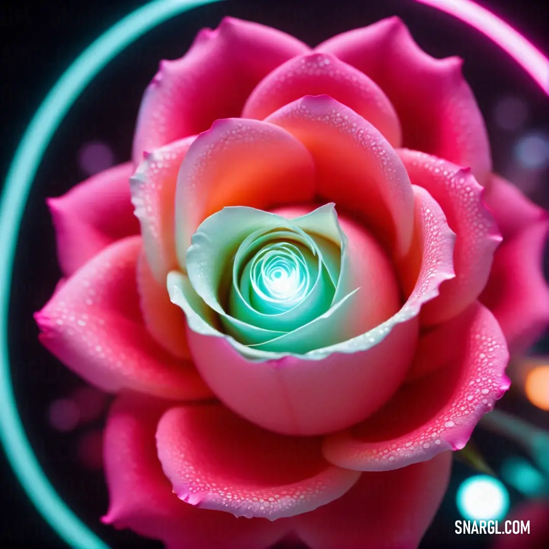 Pink flower with a green center surrounded by lights and a circular object in the background. Color RGB 227,11,93.
