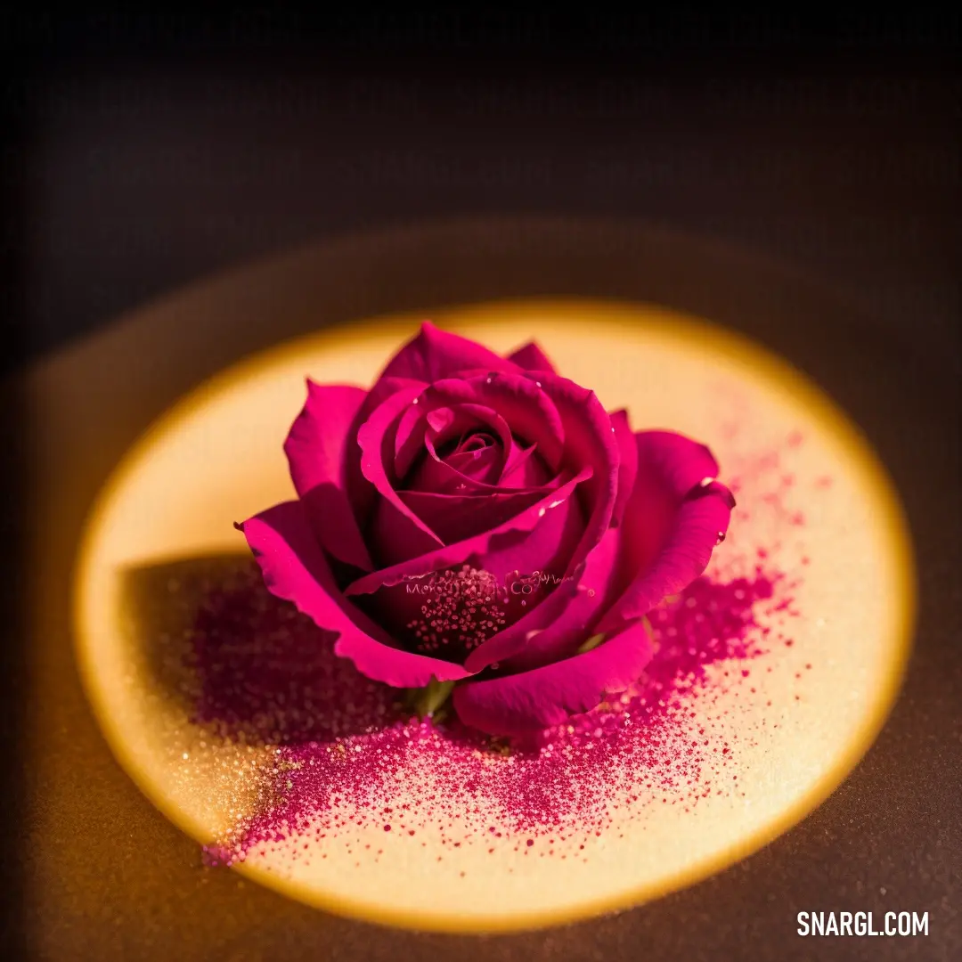 Pink rose on top of a yellow plate on a table with sprinkles on it