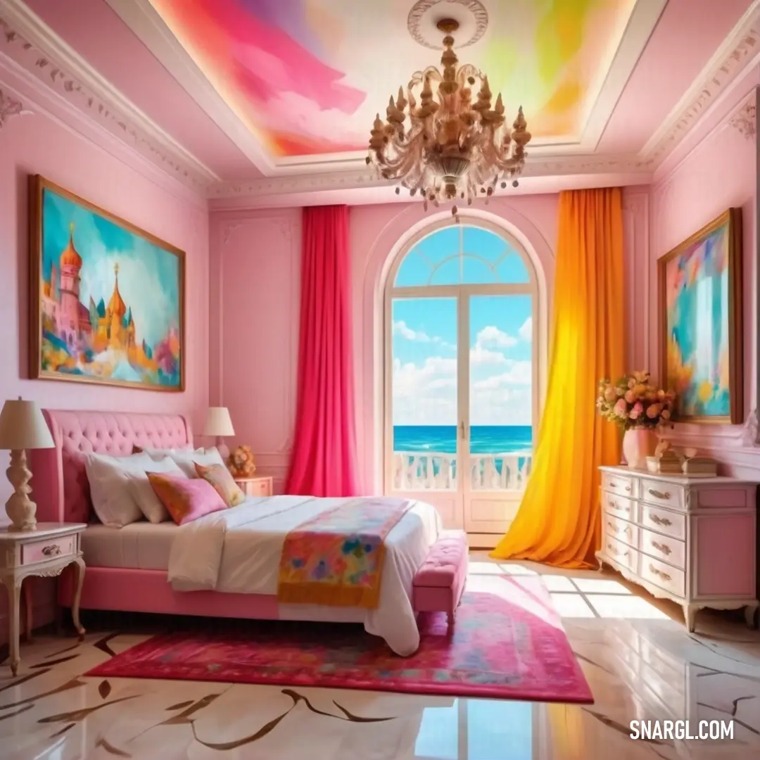 Bedroom with a pink bed and a chandelier hanging from the ceiling and a painting on the wall. Color Raspberry.