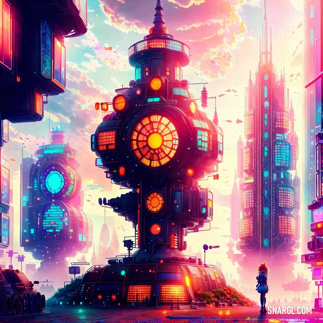 A futuristic cityscape with towering buildings and a prominent clock tower at its center. The landscape is bathed in a rich raspberry color, showcasing a vibrant and imaginative world full of possibilities.