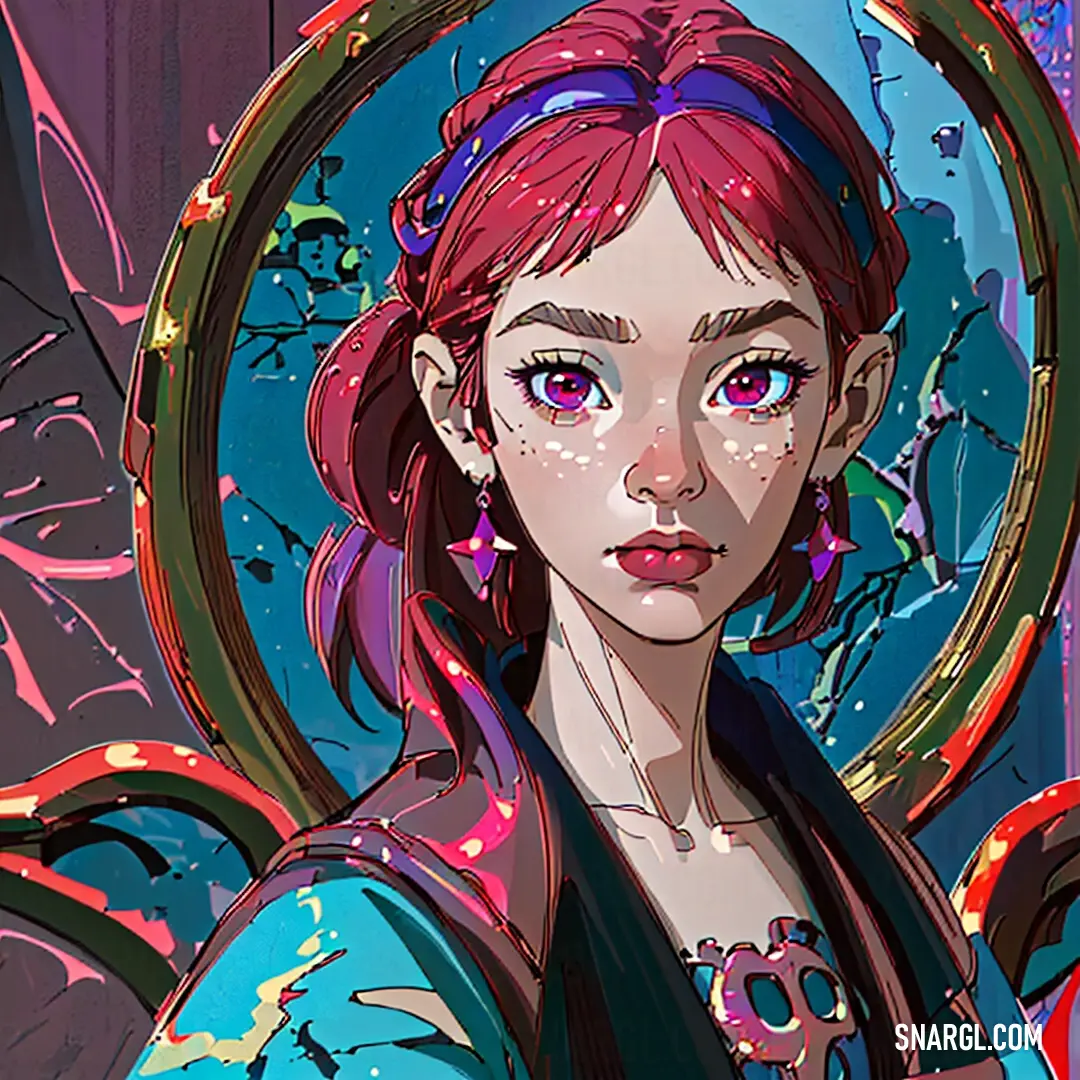 A young woman with striking pink hair and blue eyes, holding a mirror in her hands and gazing directly at the camera. The bold RGB #E30B5D color highlights her vibrant appearance.