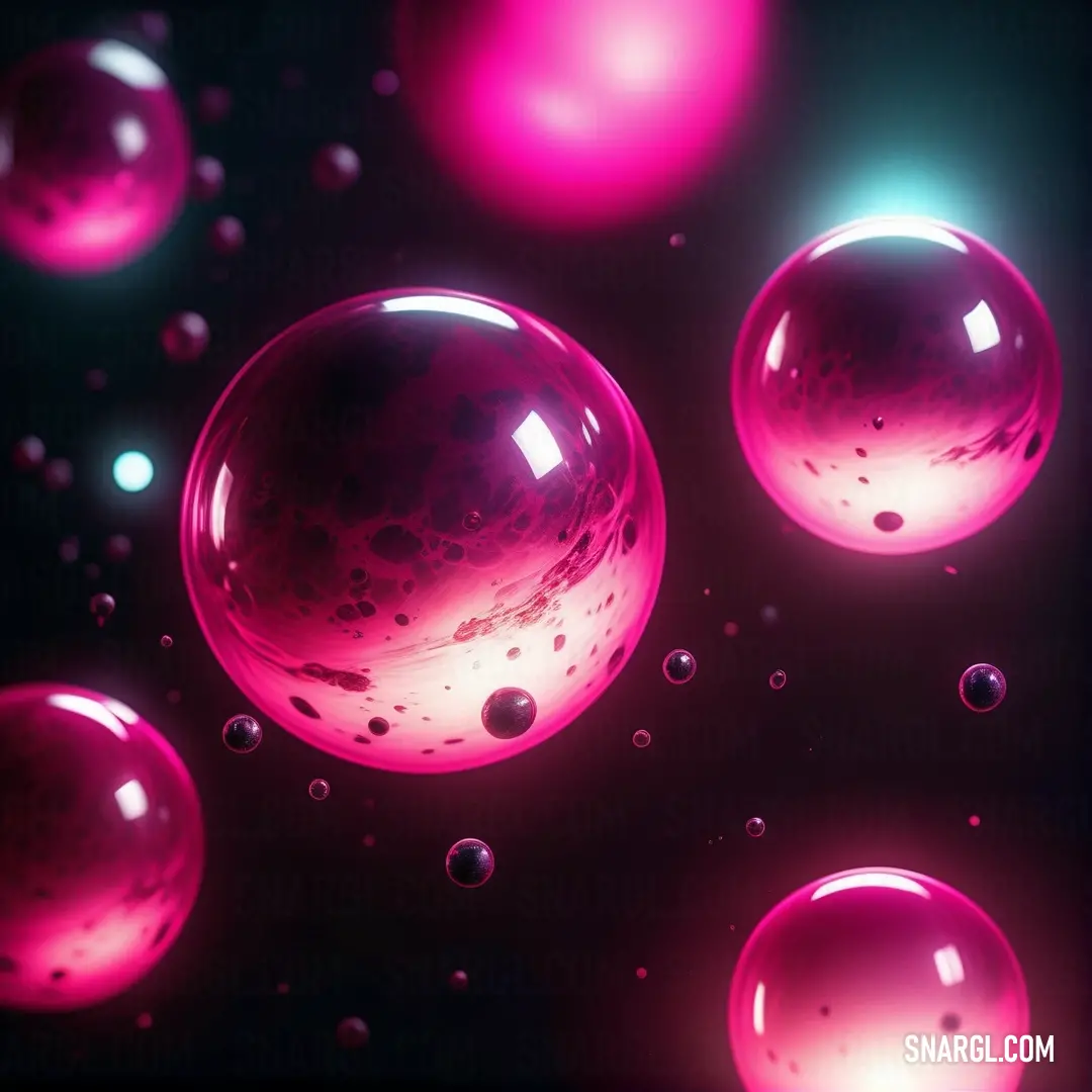 Group of bubbles floating in the air with a black background. Example of Raspberry color.