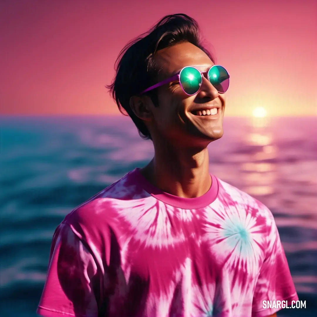 A man, wearing sunglasses, stands before the vast ocean, bathed in the warm hues of a sunset. The sky's vibrant colors mix with the cool sea, creating a serene yet dynamic scene filled with depth and calm.