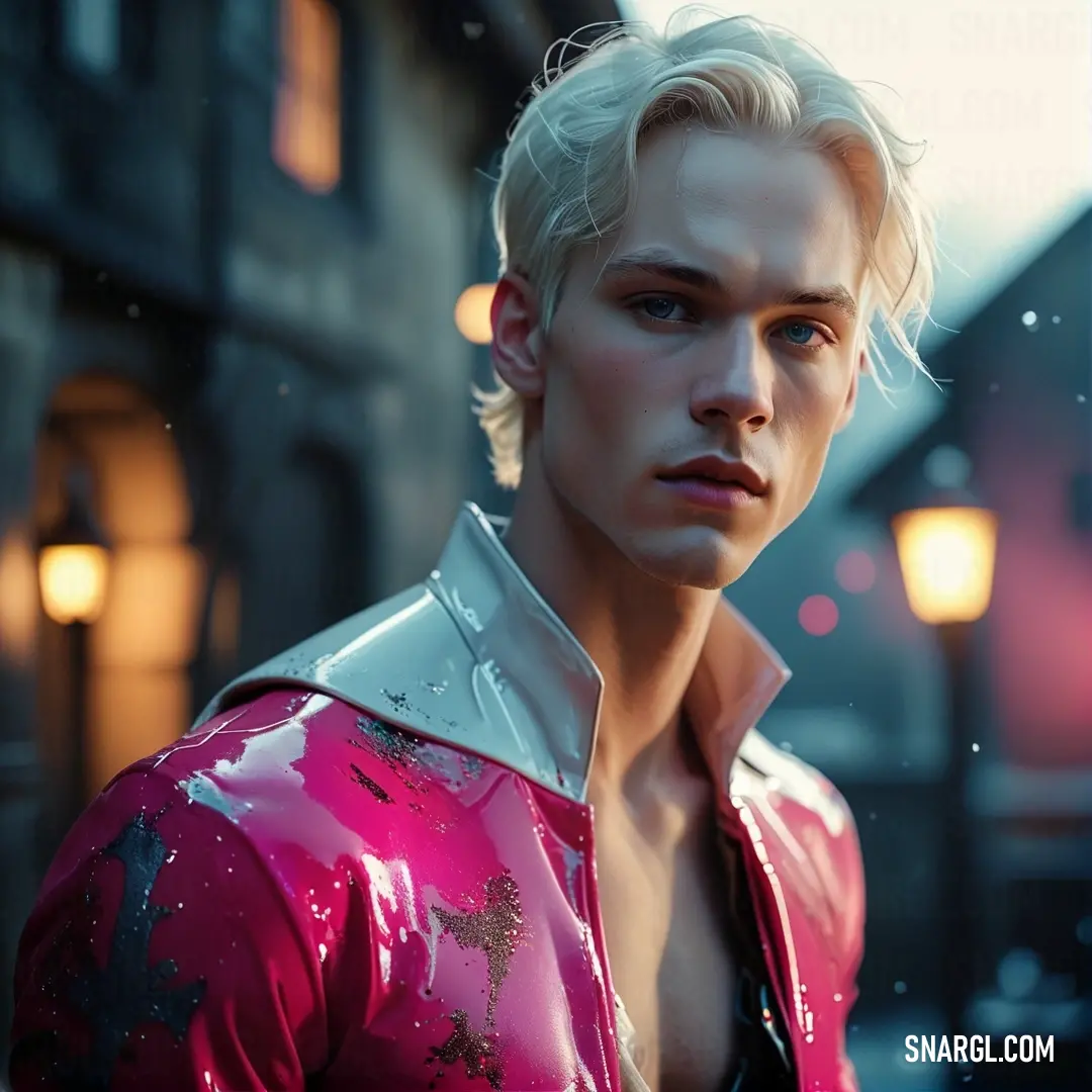 A man with blonde hair dons a bold pink jacket as he stands on a street corner, the city illuminated by vibrant night lights. His jacket stands out in the dim, adding a vibrant pop against the urban nightscape.