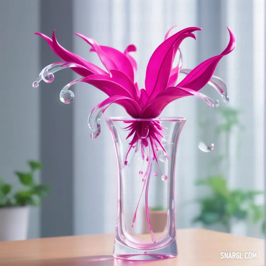 A vibrant pink flower prominently displayed in a clear glass vase, sitting on a wooden table. Sunlight streams through a nearby window, casting soft shadows, while a lush potted plant adds a touch of green in the background.