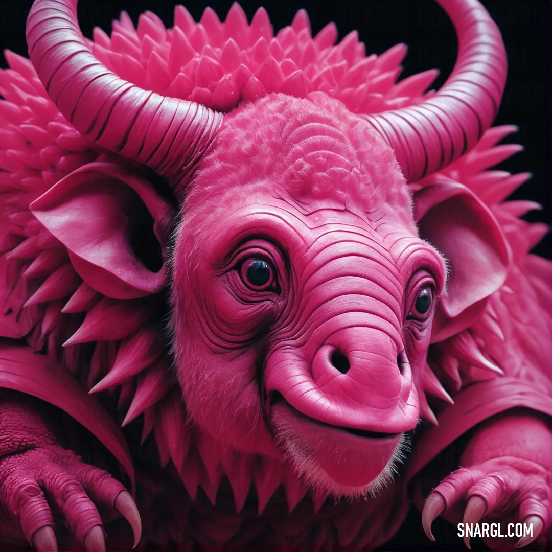 A bold pink sculpture of a bull with large, dramatic horns stands out against a deep black background. The contrast between the vivid color and dark backdrop creates a striking visual, emphasizing the strength and beauty of the piece.