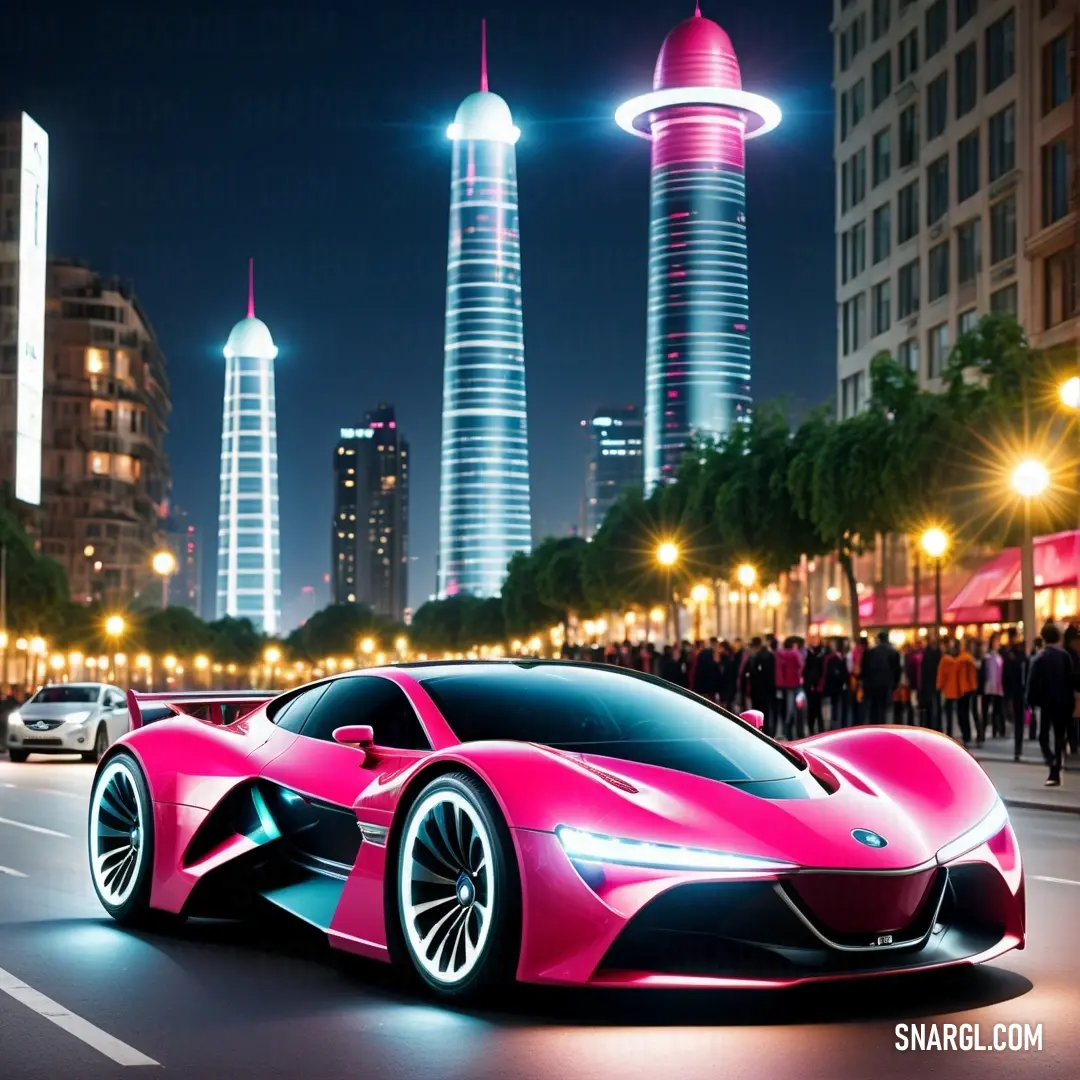 Pink sports car driving down a city street at night with tall buildings in the background. Example of Raspberry color.