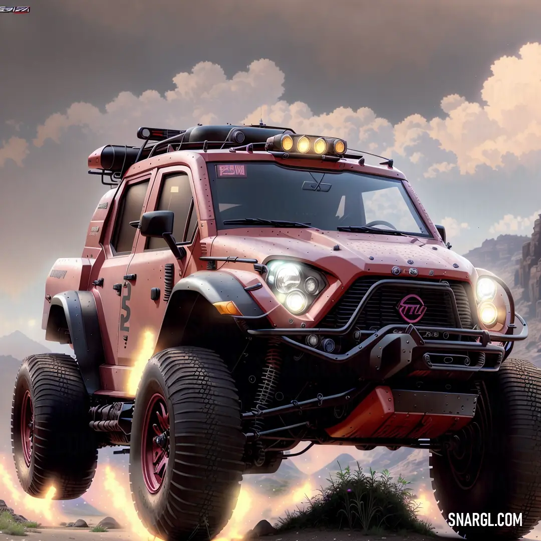 A bold red truck driving through a vast desert landscape, its lights glowing brightly against the backdrop of rugged mountains and billowing clouds as it cuts through the open terrain.