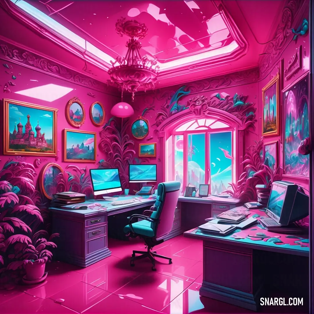 A modern workspace filled with a stylish desk and a sleek computer, designed in raspberry colors, creating a cozy yet professional atmosphere perfect for creativity and productivity.